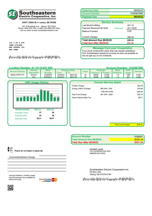 USA South Dakota Southeastern Electric utility bill template in Word and PDF format